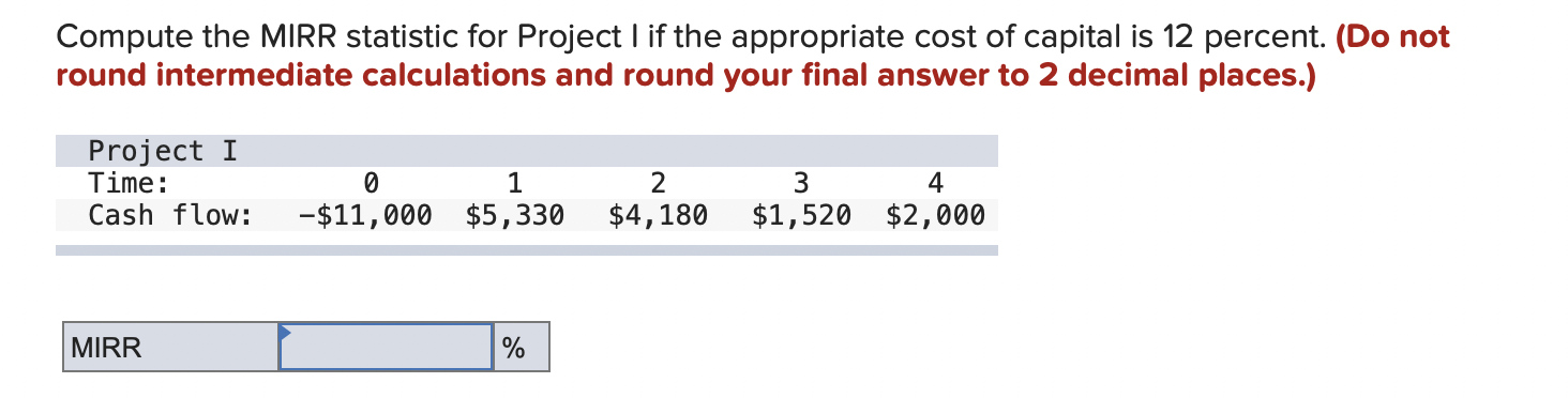 Compute The Mirr Statistic For Project I If The Appropriate Cost Of Capital Is 12 Percent Do Not Round Intermediate Ca 1
