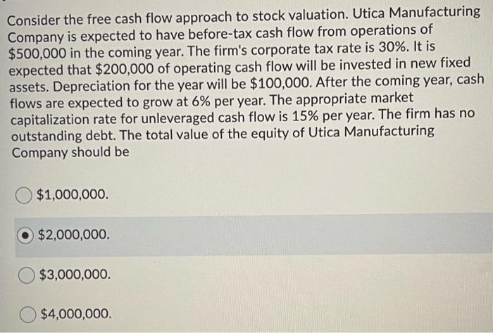 Consider The Free Cash Flow Approach To Stock Valuation Utica Manufacturing Company Is Expected To Have Before Tax Cash 1