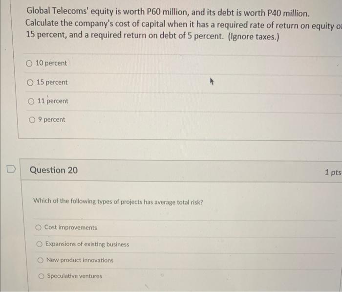 Global Telecoms Equity Is Worth P60 Million And Its Debt Is Worth P40 Million Calculate The Company S Cost Of Capital 1