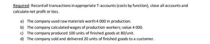 Required Record All Transactions In Appropriate T Accounts Costs By Function Close All Accounts And Calculate Net Pr 1