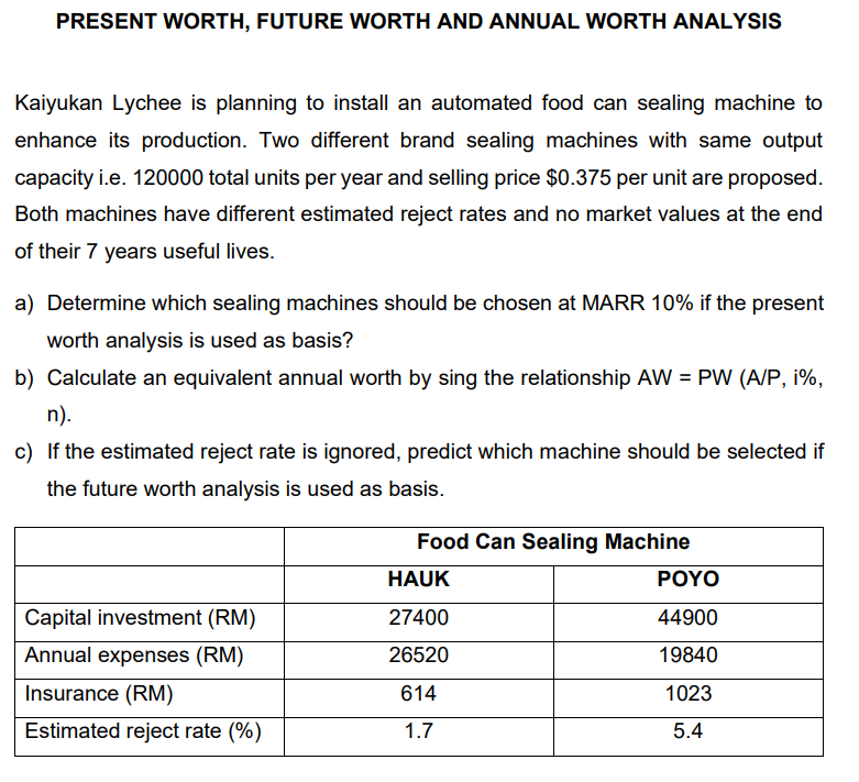 Present Worth Future Worth And Annual Worth Analysis Kaiyukan Lychee Is Planning To Install An Automated Food Can Seali 1
