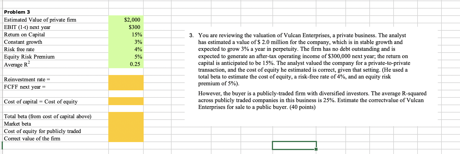Problem 3 Estimated Value Of Private Firm Ebit 1 T Next Year Return On Capital Constant Growth Risk Free Rate Equity R 1