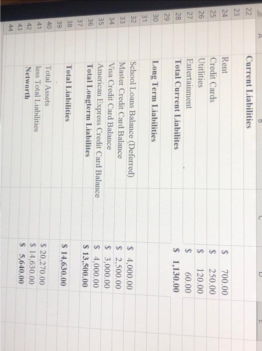 222 23 222 24 25 26 27 28 238 29 30 31 32 33 34 35 36 37 38 39 40 41 42 43 44 A Current Liabilities Rent Credit Cards Ut 1