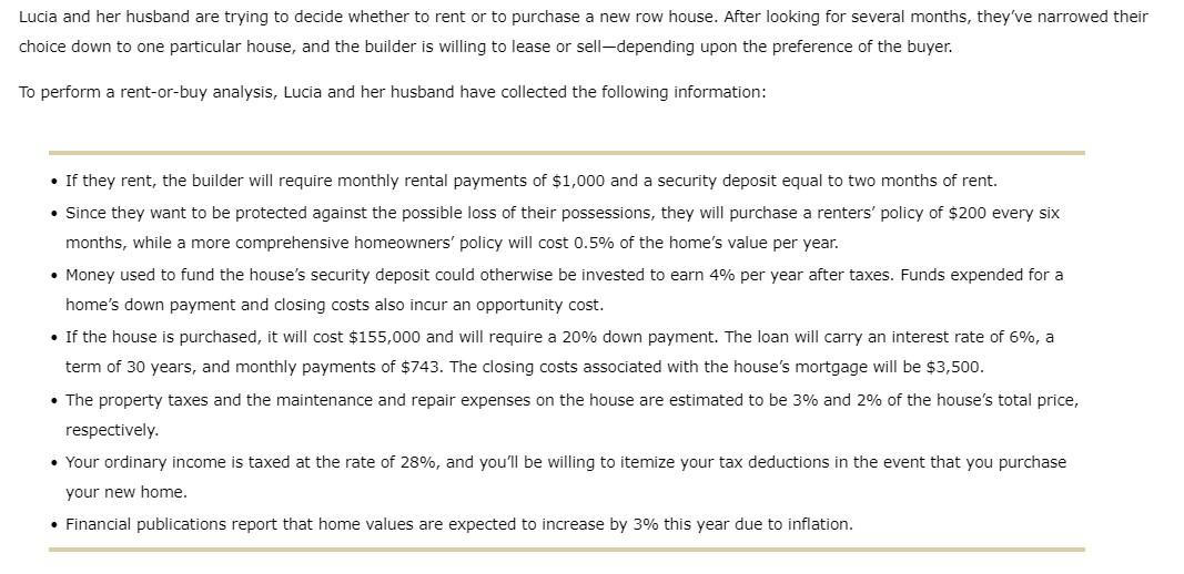 Lucia And Her Husband Are Trying To Decide Whether To Rent Or To Purchase A New Row House After Looking For Several Mon 1