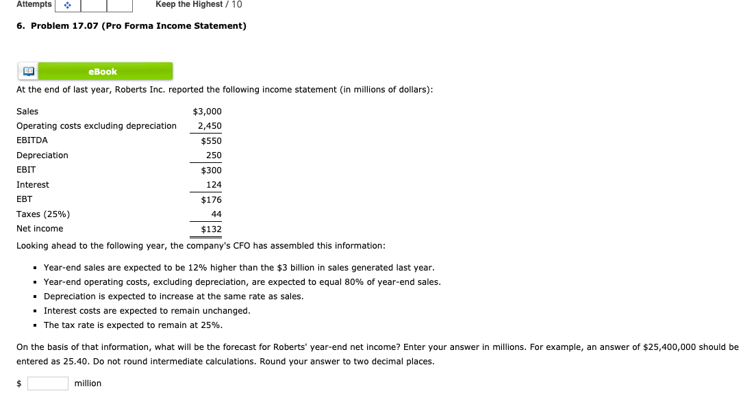 Attempts Keep The Highest 10 6 Problem 17 07 Pro Forma Income Statement Be Ebook At The End Of Last Year Roberts 1