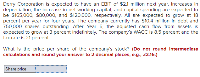 Derry Corporation Is Expected To Have An Ebit Of 2 1 Million Next Year Increases In Depreciation The Increase In Net 1