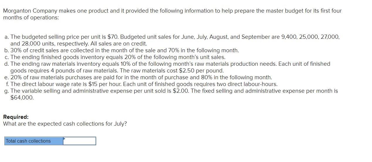 Morganton Company Makes One Product And It Provided The Following Information To Help Prepare The Master Budget For Its 1