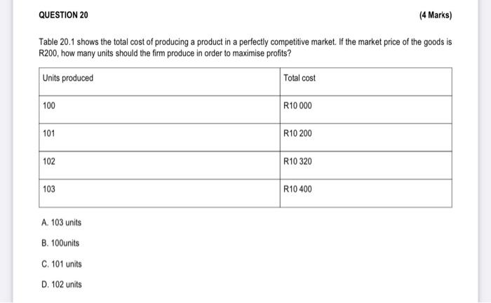 Question 20 4 Marks Table 20 1 Shows The Total Cost Of Producing A Product In A Perfectly Competitive Market If The M 1