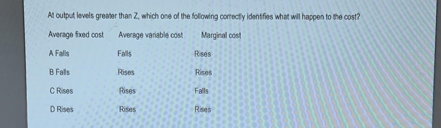 At Output Levels Greater Than Z Which One Of The Following Correctly Identifies What Will Happen To The Cost Average F 1