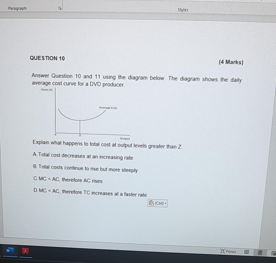 Paragraph Question 10 Average Cost Styles Answer Question 10 And 11 Using The Diagram Below The Diagram Shows The Daily 1