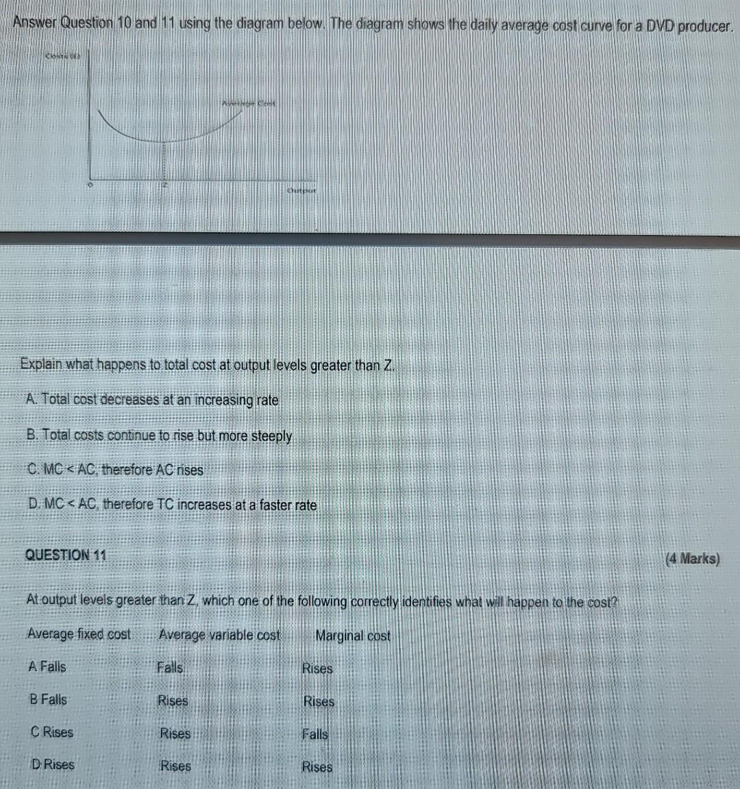 Answer Question 10 And 11 Using The Diagram Below The Diagram Shows The Daily Average Cost Curve For A Dvd Producer Ch 1