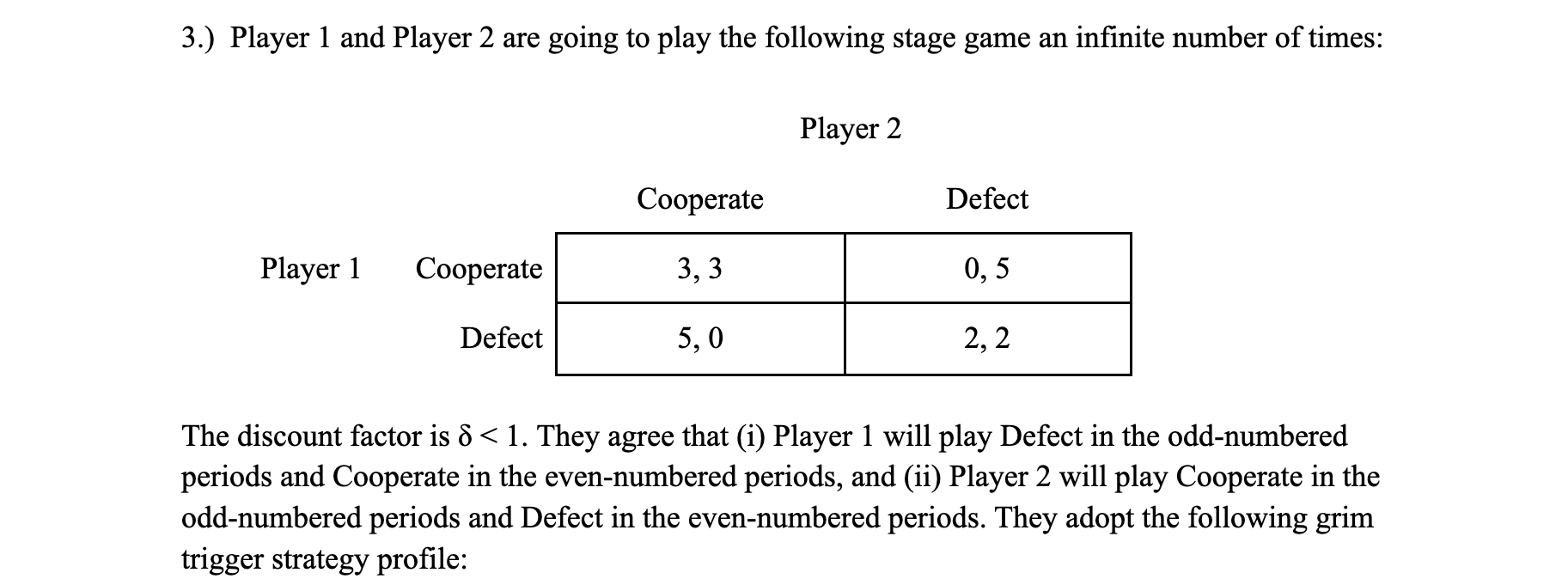 3 Player 1 And Player 2 Are Going To Play The Following Stage Game An Infinite Number Of Times Player 1 Cooperate Def 1