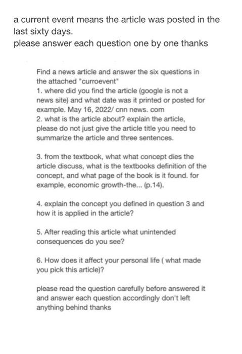 A Current Event Means The Article Was Posted In The Last Sixty Days Please Answer Each Question One By One Thanks Find 1