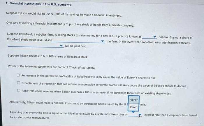 1 1 Financial Institutions In The U S Economy Suppose Edison Would Like To Use 3 000 Of His Savings To Make A Financi 4