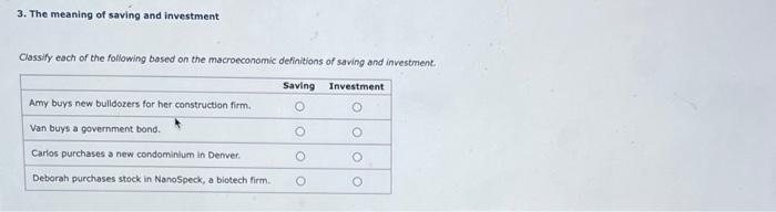 3 The Meaning Of Saving And Investment Classify Each Of The Following Based On The Macroeconomic Definitions Of Saving 1