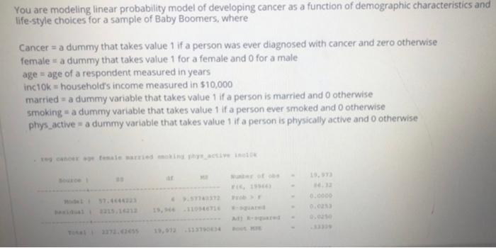 You Are Modeling Linear Probability Model Of Developing Cancer As A Function Of Demographic Characteristics And Life Sty 1