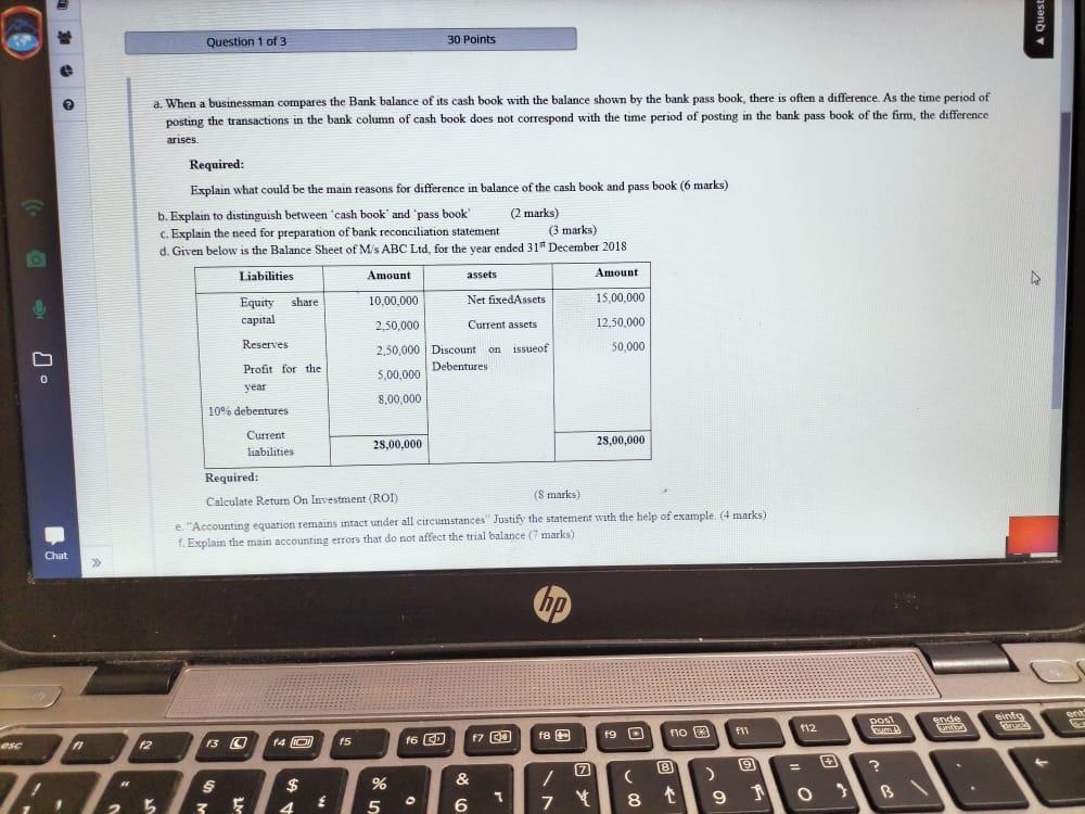 Question 1 Of 3 30 Points A When A Businessman Compares The Bank Balance Of Its Cash Book With The Balance Shown By The 1