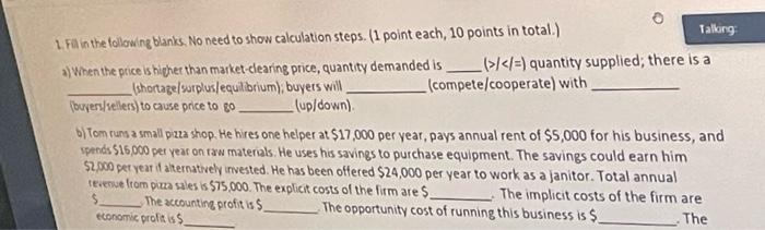 Talking Quantity Supplied There Is A Compete Cooperate With 1 Fill In The Following Blanks No Need To Show 1