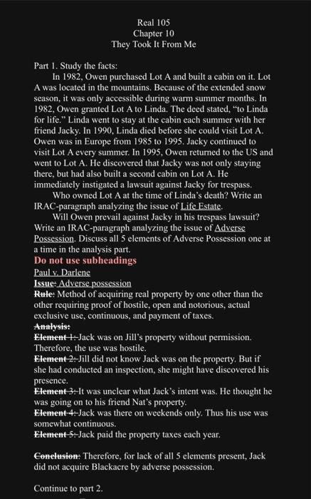Real 105 Chapter 10 They Took It From Me Part 1 Study The Facts In 1982 Owen Purchased Lot A And Built A Cabin On It 1