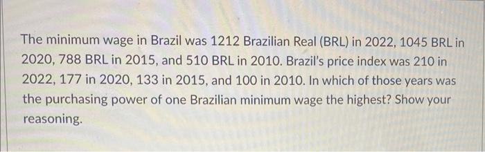 The Minimum Wage In Brazil Was 1212 Brazilian Real Brl In 2022 1045 Brl In 2020 788 Brl In 2015 And 510 Brl In 2010 1