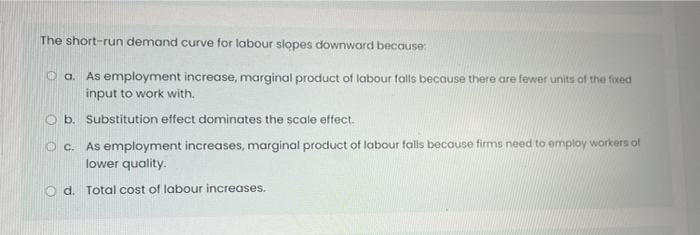 The Short Run Demand Curve For Labour Slopes Downward Because A As Employment Increase Marginal Product Of Labour Fal 1