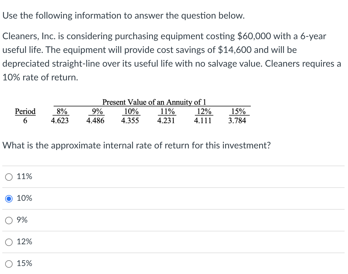 Use The Following Information To Answer The Question Below Cleaners Inc Is Considering Purchasing Equipment Costing 1