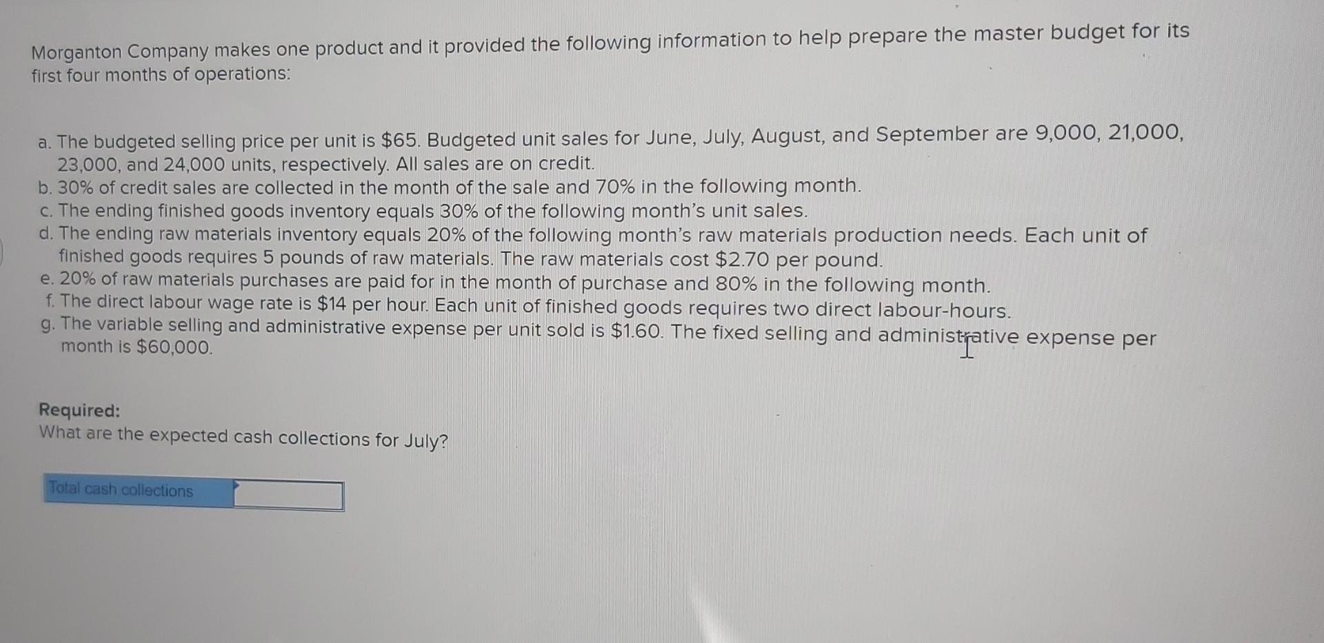 Morganton Company Makes One Product And It Provided The Following Information To Help Prepare The Master Budget For Its 1