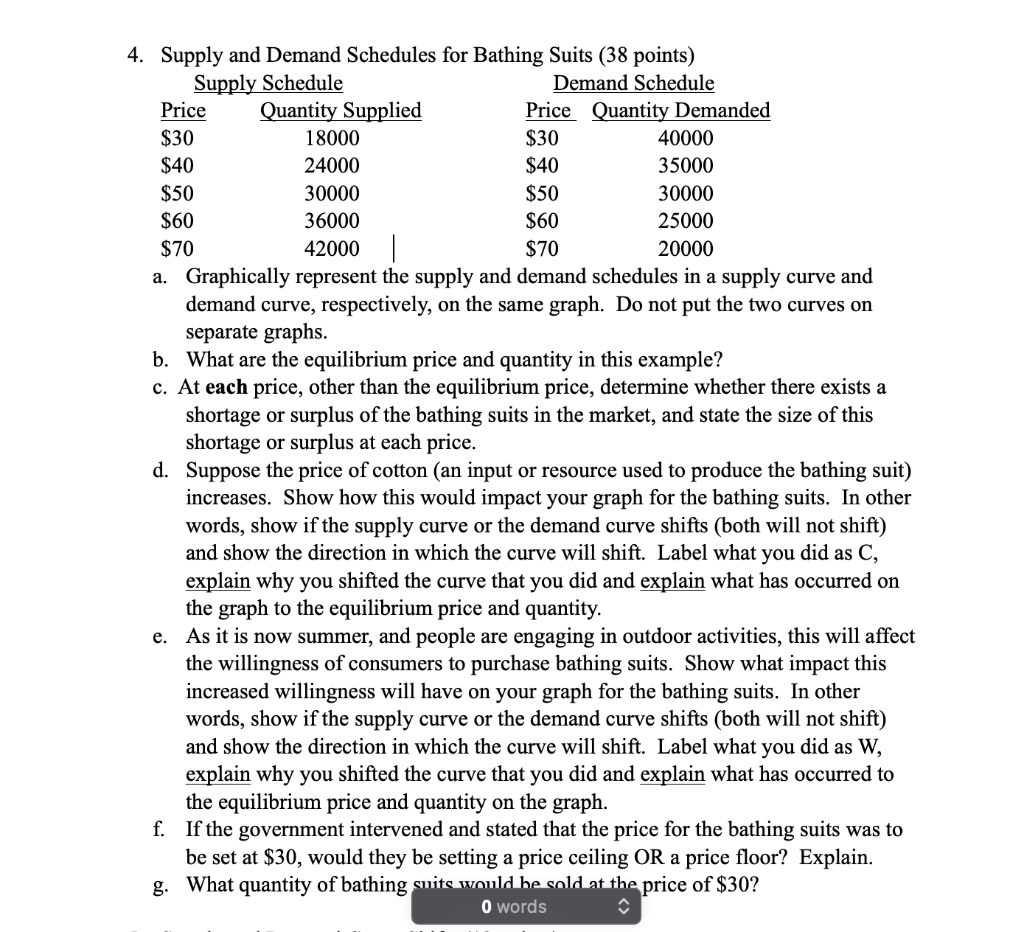 4 Supply And Demand Schedules For Bathing Suits 38 Points Supply Schedule Demand Schedule Price Quantity Demanded 30 1
