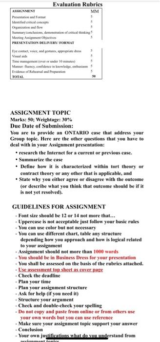 Evaluation Rubrics Mm Assignment Presentation And Format Identified Critical Concepts 5 Organization And Flow 5 Summary 2