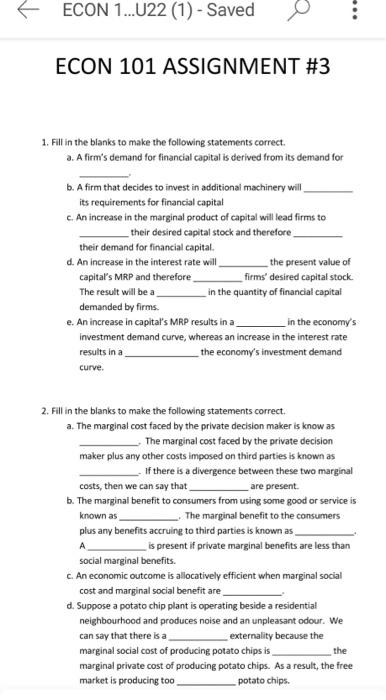 Econ 1 U22 1 Saved Econ 101 Assignment 3 1 Fill In The Blanks To Make The Following Statements Correct A A Fir 1