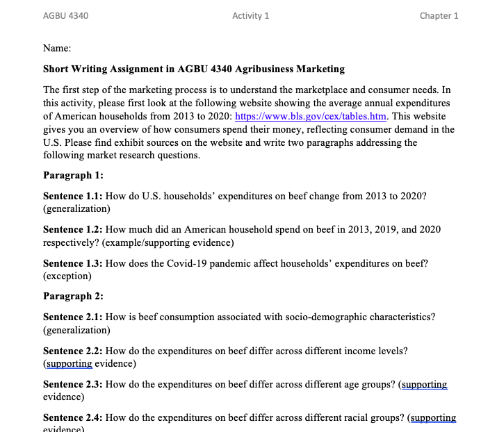 Agbu 4340 Activity 1 Chapter 1 Name Short Writing Assignment In Agbu 4340 Agribusiness Marketing The First Step Of The 1