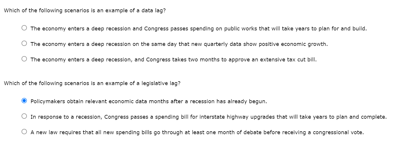 Which Of The Following Scenarios Is An Example Of A Data Lag O The Economy Enters A Deep Recession And Congress Passes 1