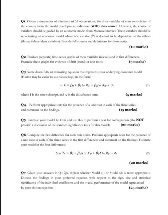 Q1 Obtain A Time Series Of Minimum Of 35 Observations For Three Variables Of Your Own Choice Of The Country From The W 1