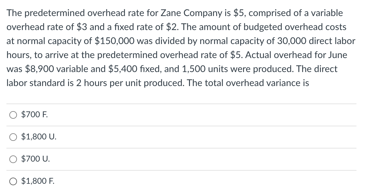 The Predetermined Overhead Rate For Zane Company Is 5 Comprised Of A Variable Overhead Rate Of 3 And A Fixed Rate Of 1