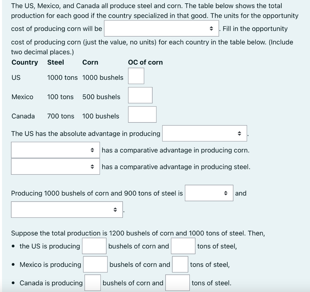 The Us Mexico And Canada All Produce Steel And Corn The Table Below Shows The Total Production For Each Good If The C 1