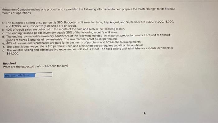 Morganton Company Makes One Product And It Provided The Following Information To Help Prepare The Master Budget For Its 1
