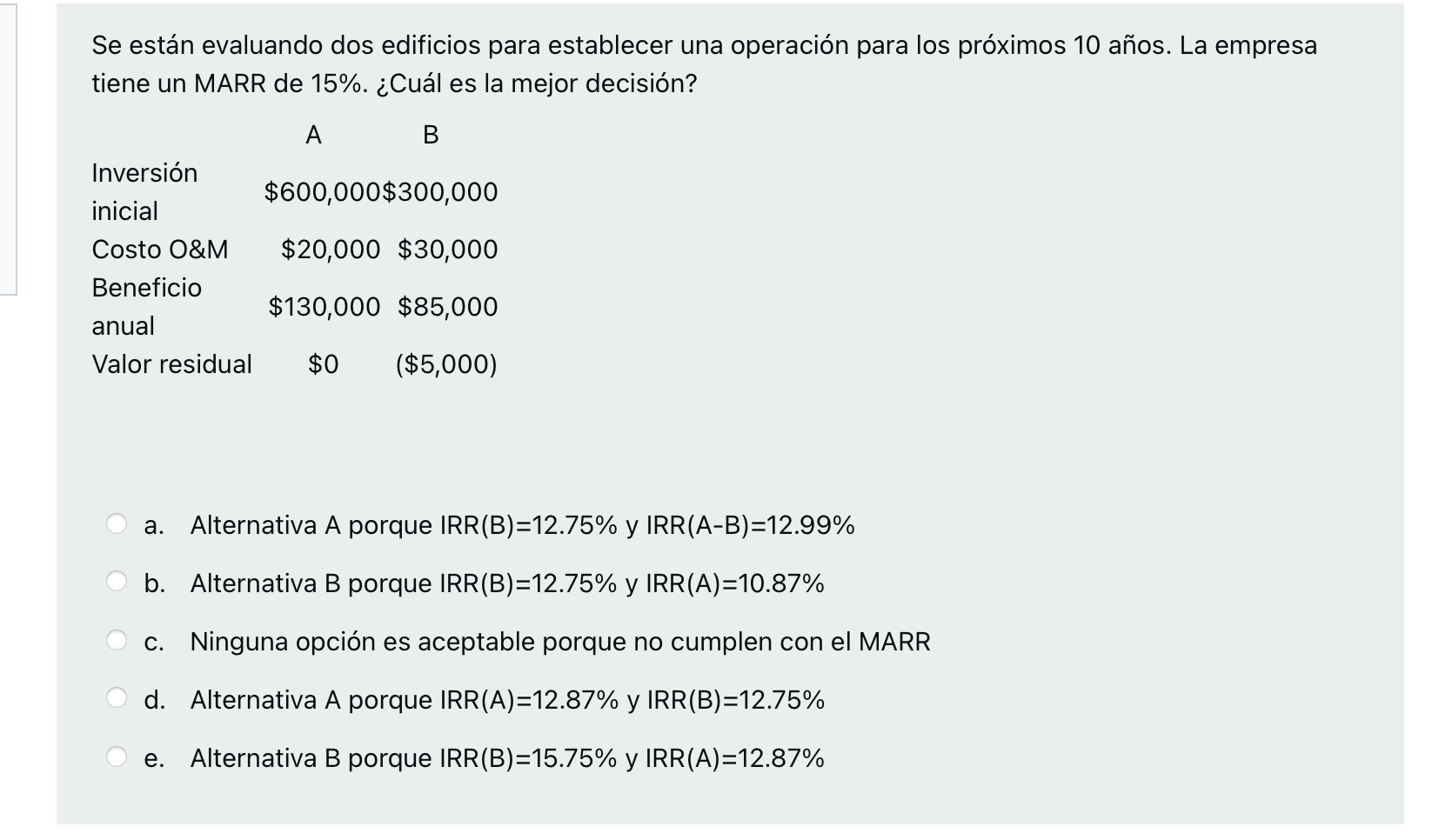 Se Estan Evaluando Dos Edificios Para Establecer Una Operacion Para Los Proximos 10 Anos La Empresa Tiene Un Marr De 15 1