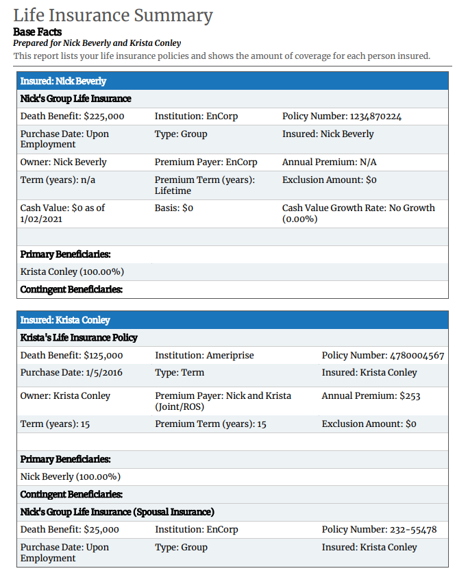 Life Insurance Summary Base Facts Prepared For Nick Beverly And Krista Conley This Report Lists Your Life Insurance Poli 1