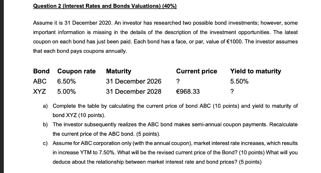 Question 2 Interest Rates And Bonds Valuations 40 Assume It Is 31 December 2020 An Investor Has Researched Two Pos 1