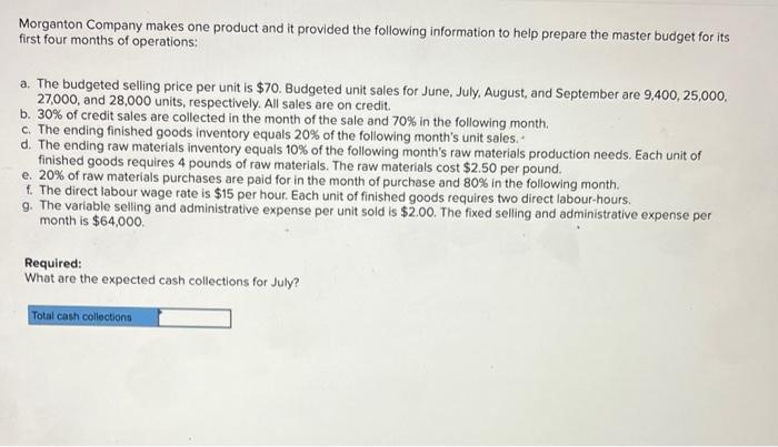 Morganton Company Makes One Product And It Provided The Following Information To Help Prepare The Master Budget For Its 1