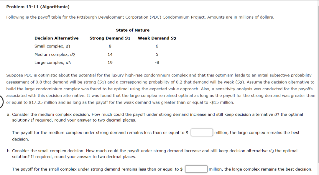 Problem 13 11 Algorithmic Following Is The Payoff Table For The Pittsburgh Development Corporation Pdc Condominium P 1