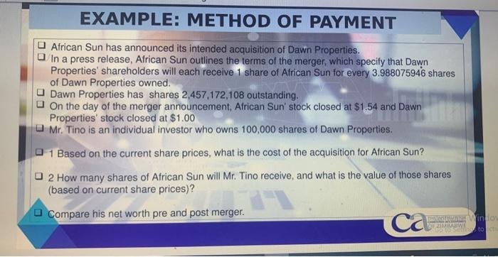 Example Method Of Payment African Sun Has Announced Its Intended Acquisition Of Dawn Properties In A Press Release Af 1