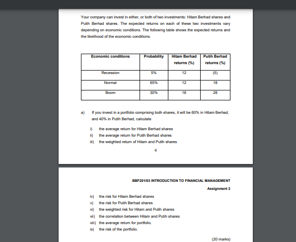 Your Company Can Invest In Either Or Both Of Two Investments Hitam Berhad Shares And Putih Berhad Shares The Expected 1
