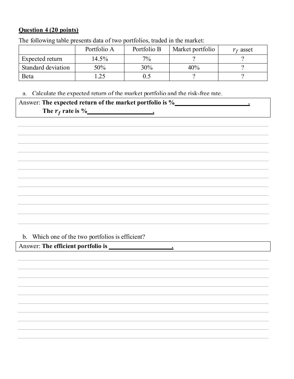 Question 4 20 Points The Following Table Presents Data Of Two Portfolios Traded In The Market Portfolio A Portfolio 1