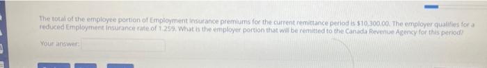 The Total Of The Employee Portion Of Employment Insurance Premiums For The Current Remittance Period Is 10 300 00 The 1