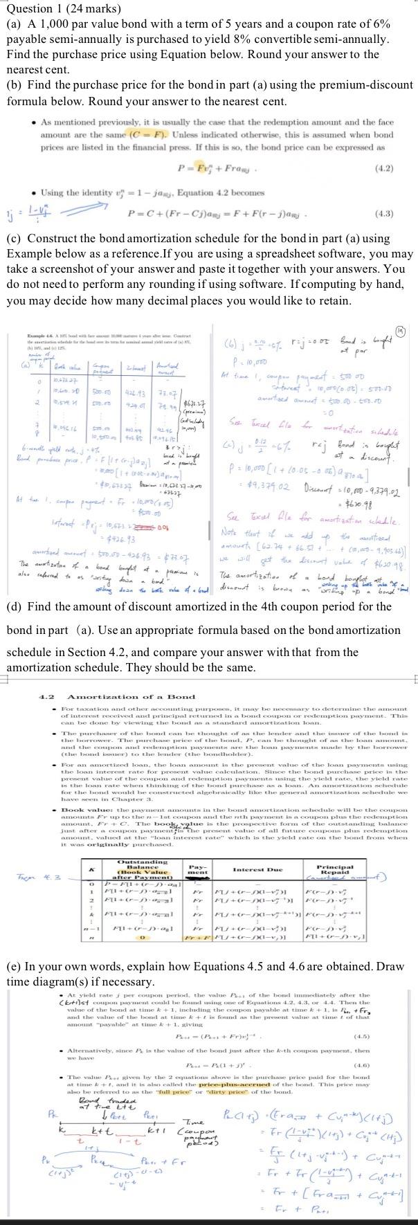 Question 1 24 Marks A A 1 000 Par Value Bond With A Term Of 5 Years And A Coupon Rate Of 6 Payable Semi Annually Is 1