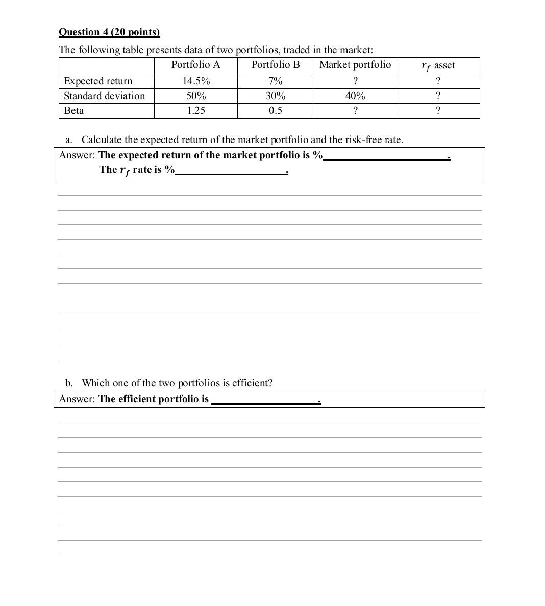Question 4 20 Points The Following Table Presents Data Of Two Portfolios Traded In The Market Portfolio A Portfolio 1