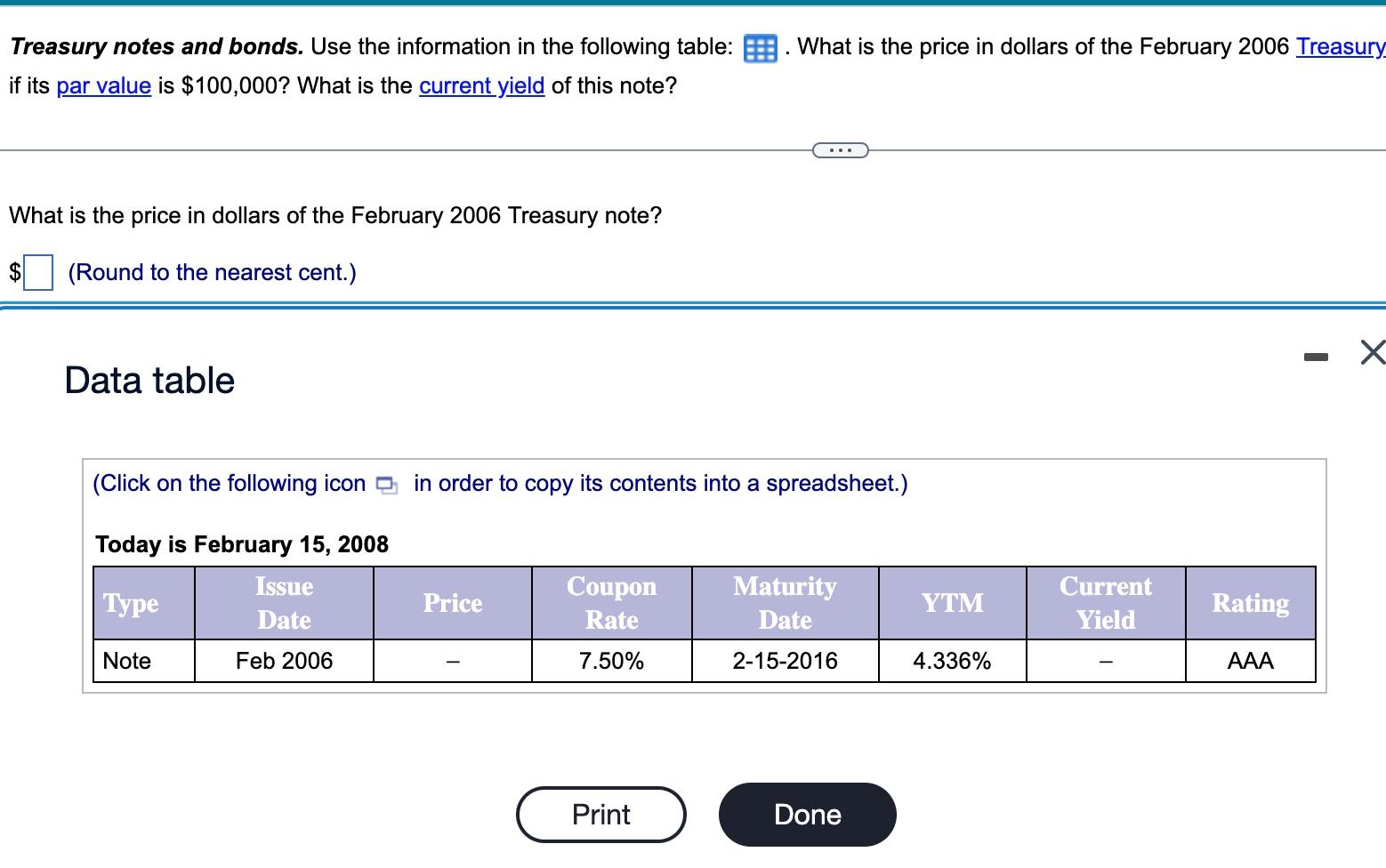 Treasury Notes And Bonds Use The Information In The Following Table If Its Par Value Is 100 000 What Is The Current 1