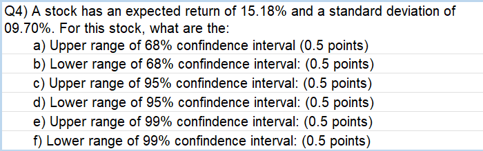 Q4 A Stock Has An Expected Return Of 15 18 And A Standard Deviation Of 09 70 For This Stock What Are The A Upper 1