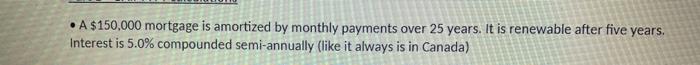 A 150 000 Mortgage Is Amortized By Monthly Payments Over 25 Years It Is Renewable After Five Years Interest Is 5 0 1